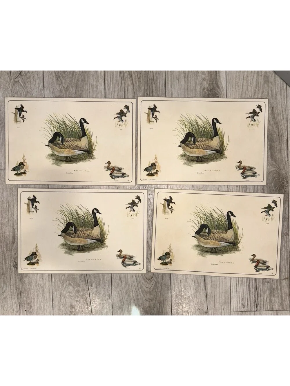 4 Vintage Mel Hunter Canada Geese Wildlife Placemats Duck Hunting Cabin 11x17